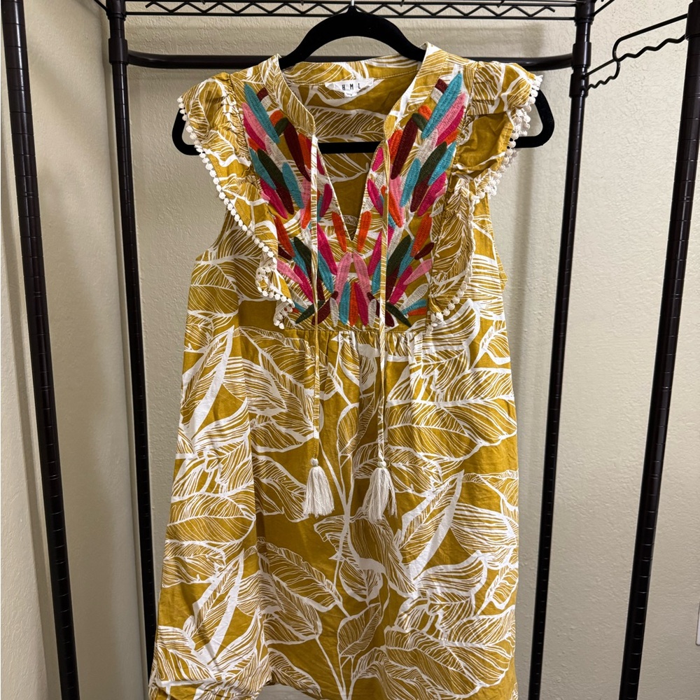 THML Mustard and White Leaf Print Midi Dress S/M